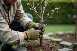 Jardinier taillant un jeune mûrier fruitier au printemps dans un jardin résidentiel