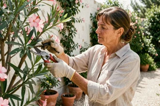 Femme taillant un laurier rose avec un sécateur dans un jardin méditerranéen
