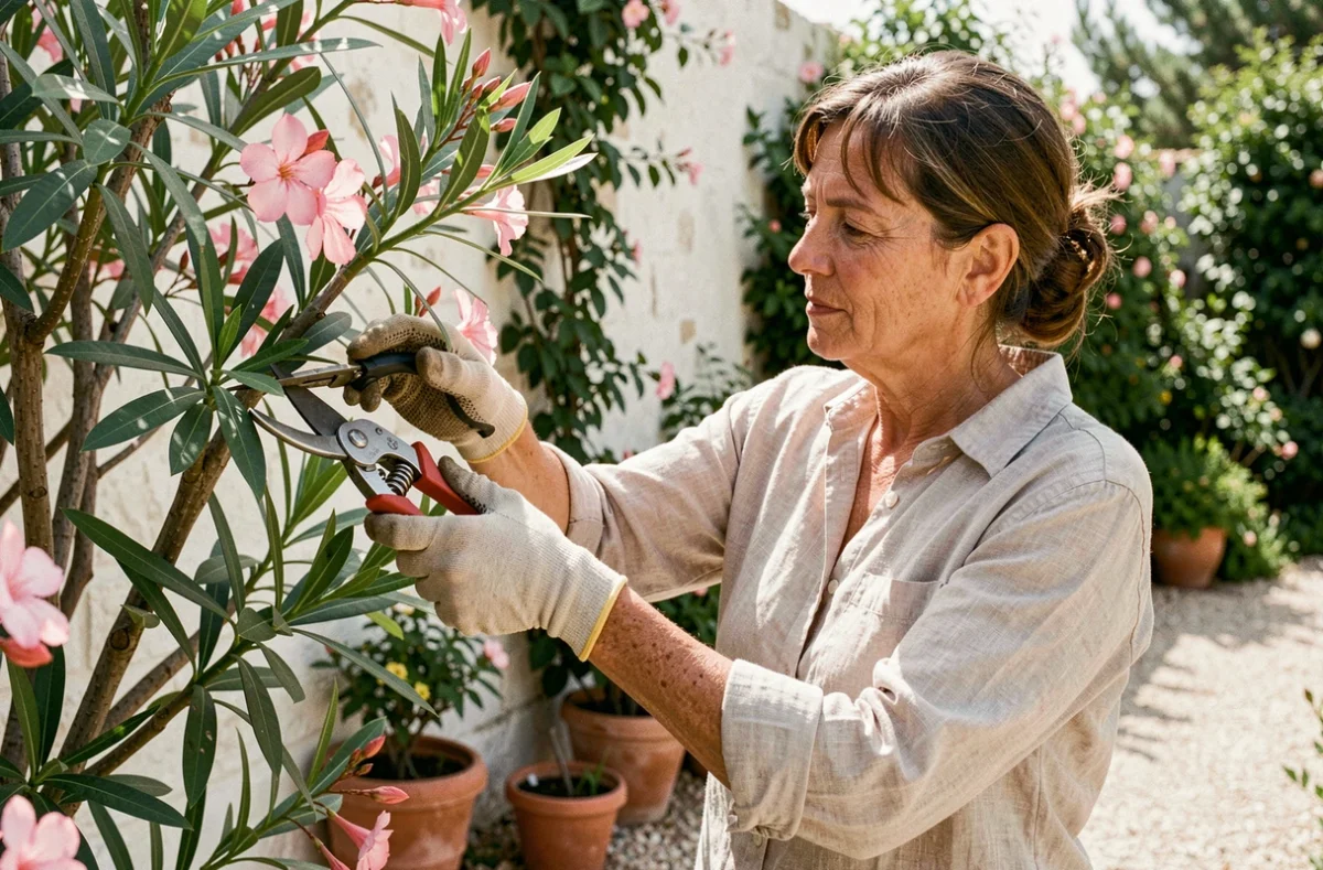Femme taillant un laurier rose avec un sécateur dans un jardin méditerranéen