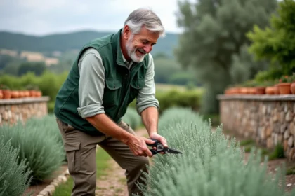 Homme d'âge moyen taillant la sauge dans un jardin rural