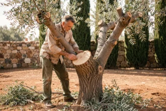 Homme inspectant un olivier après une taille sévère avec des coupes nettes sur les branches principales dans un jardin méditerranéen
