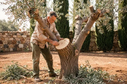 Homme inspectant un olivier après une taille sévère avec des coupes nettes sur les branches principales dans un jardin méditerranéen