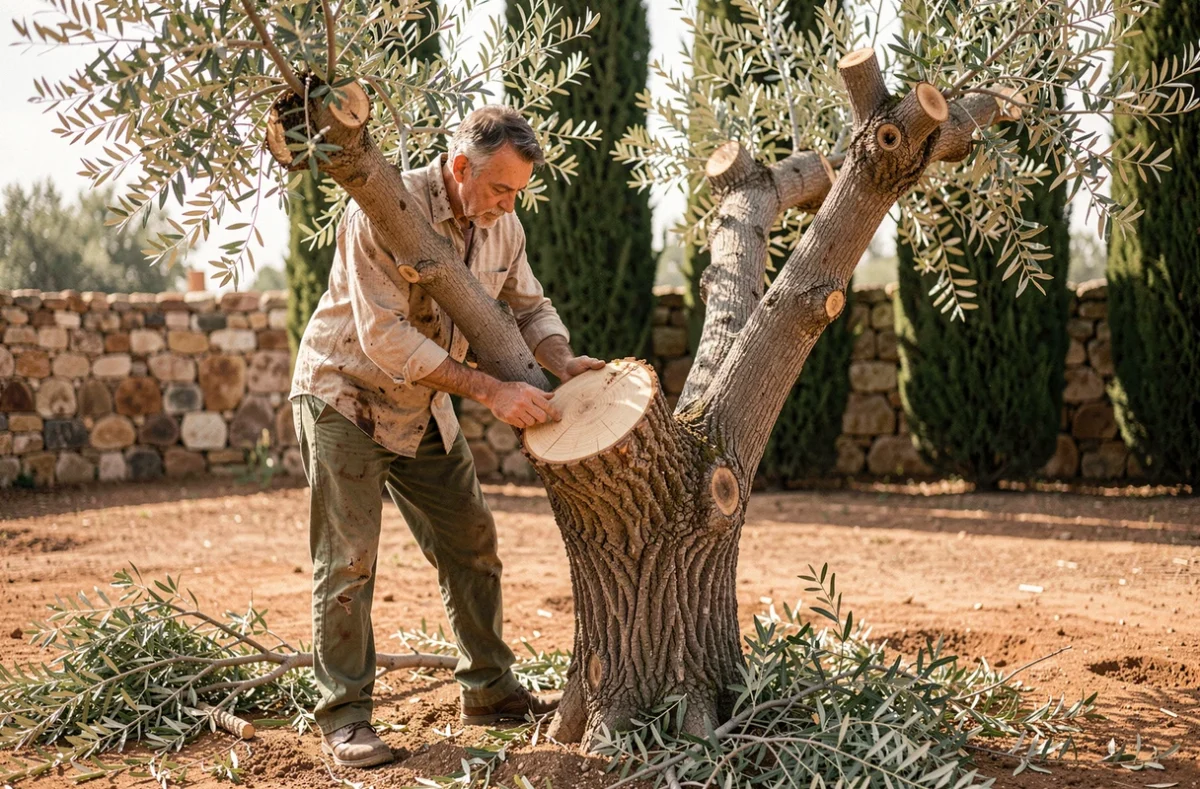Homme inspectant un olivier après une taille sévère avec des coupes nettes sur les branches principales dans un jardin méditerranéen
