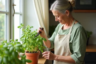 Femme taillant un plant de basilic en pot sur un rebord de fenêtre ensoleillé, coupant juste au-dessus d'un nœud foliaire avec des ciseaux fins
