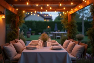 Terrasse de jardin résidentielle au crépuscule avec guirlandes lumineuses chaleureuses suspendues sous une pergola en bois, table dressée pour un dîner en plein air