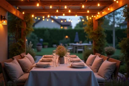 Terrasse de jardin résidentielle au crépuscule avec guirlandes lumineuses chaleureuses suspendues sous une pergola en bois, table dressée pour un dîner en plein air