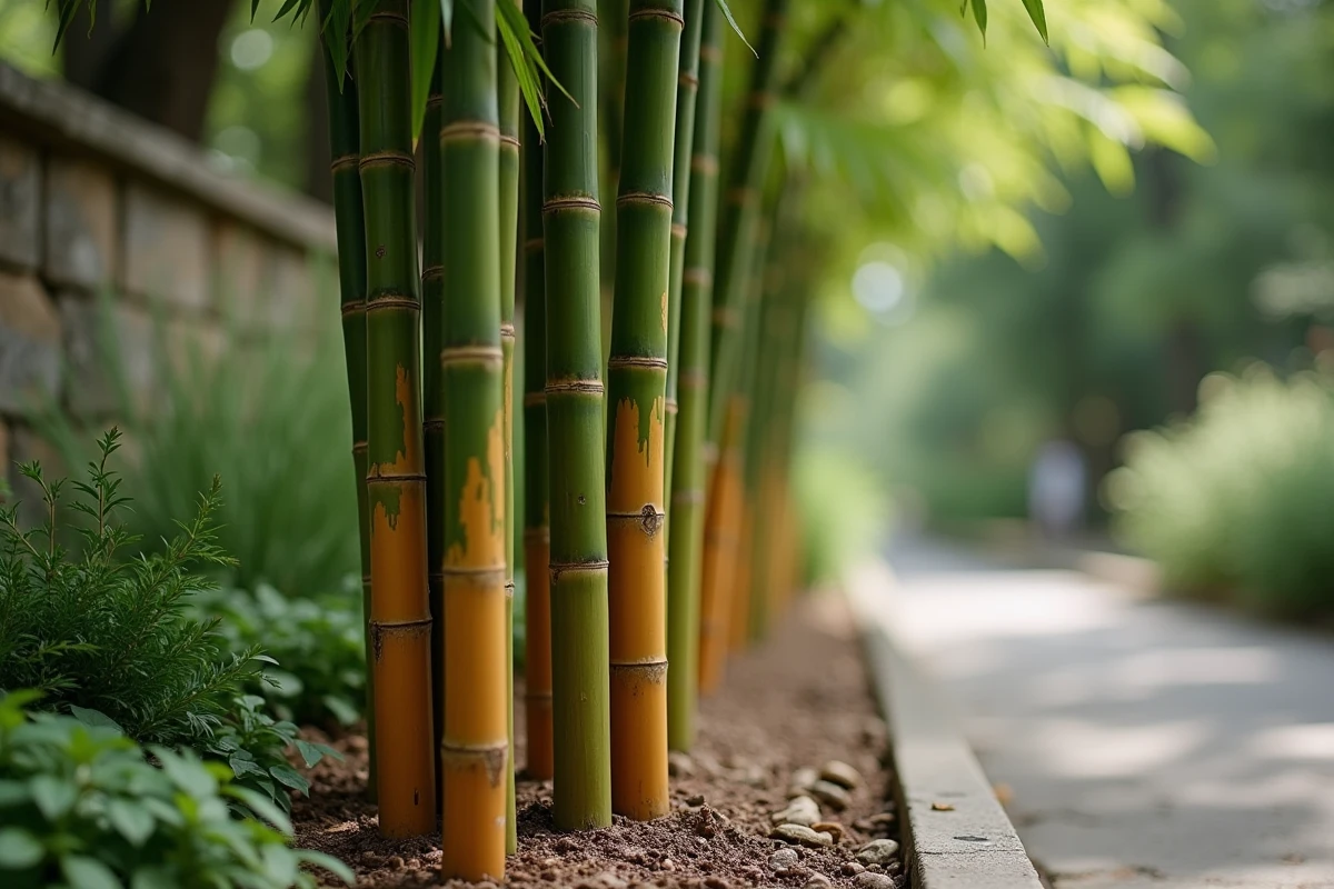 Gros plan sur les tiges groupées de bambous non traçants avec paillage au sol dans une bordure de jardin