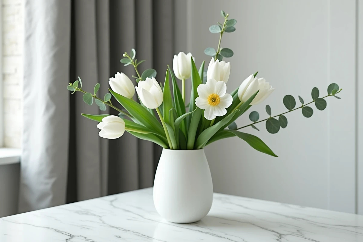 Bouquet de tulipes et anémones blanches dans un vase en céramique sur un comptoir en marbre — signification des fleurs blanches
