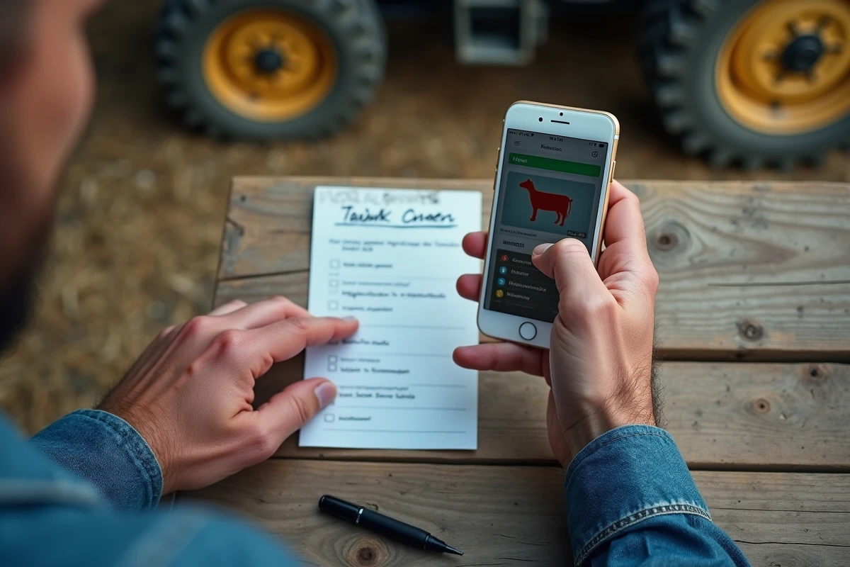 Gros plan sur les mains d'un agriculteur vérifiant son panier d'achat sur un site agricole en ligne avec une liste de critères manuscrite