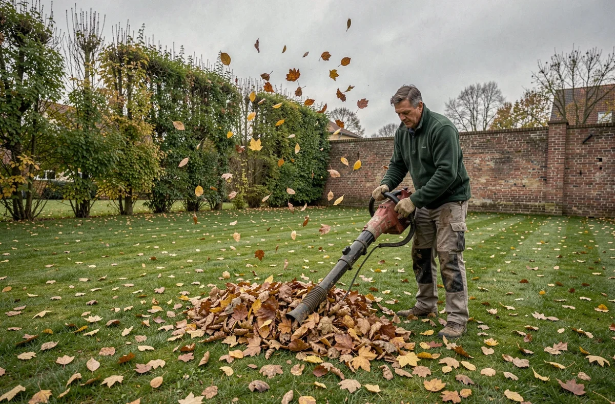 Jardinier de Vert'Tige entretenant un jardin en automne dans le Nord de la France