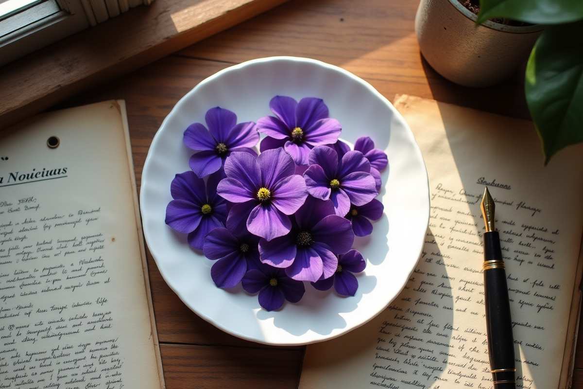 Violets frais disposés dans un plat en porcelaine sur un bureau en bois