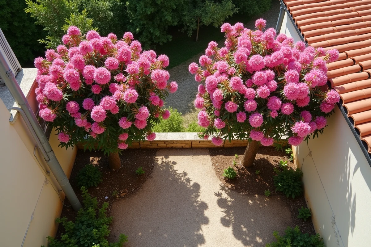 Vue aérienne d'un jardin méditerranéen montrant deux lauriers roses en fleurs plantés à distance réglementaire d'une maison